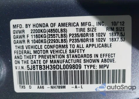 2013 Acura Rdx from USA, damaged, VIN 5J8TB3H39DL009809